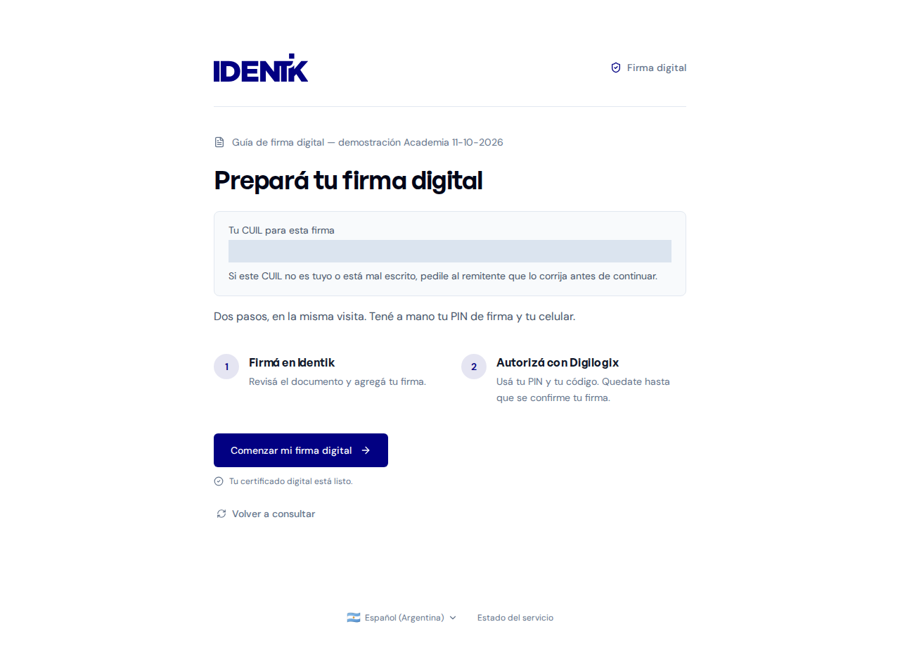 Prepará tu firma digital: dos pasos y botón Comenzar mi firma digital