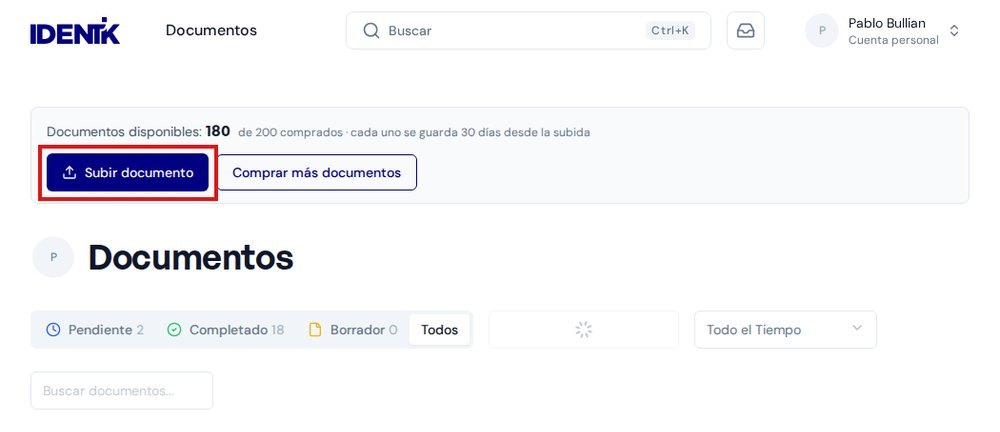 Documentos con el bot&oacute;n Subir documento marcado