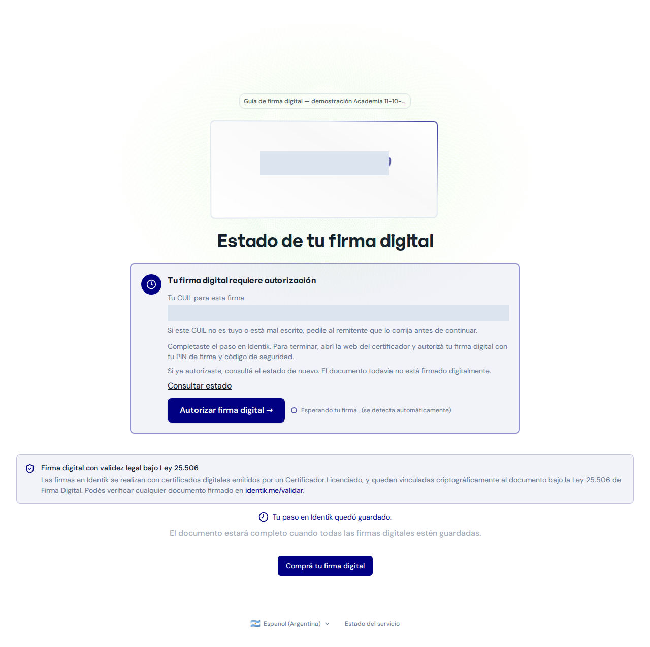 Tu firma digital requiere autorización, CUIL y Autorizar firma digital