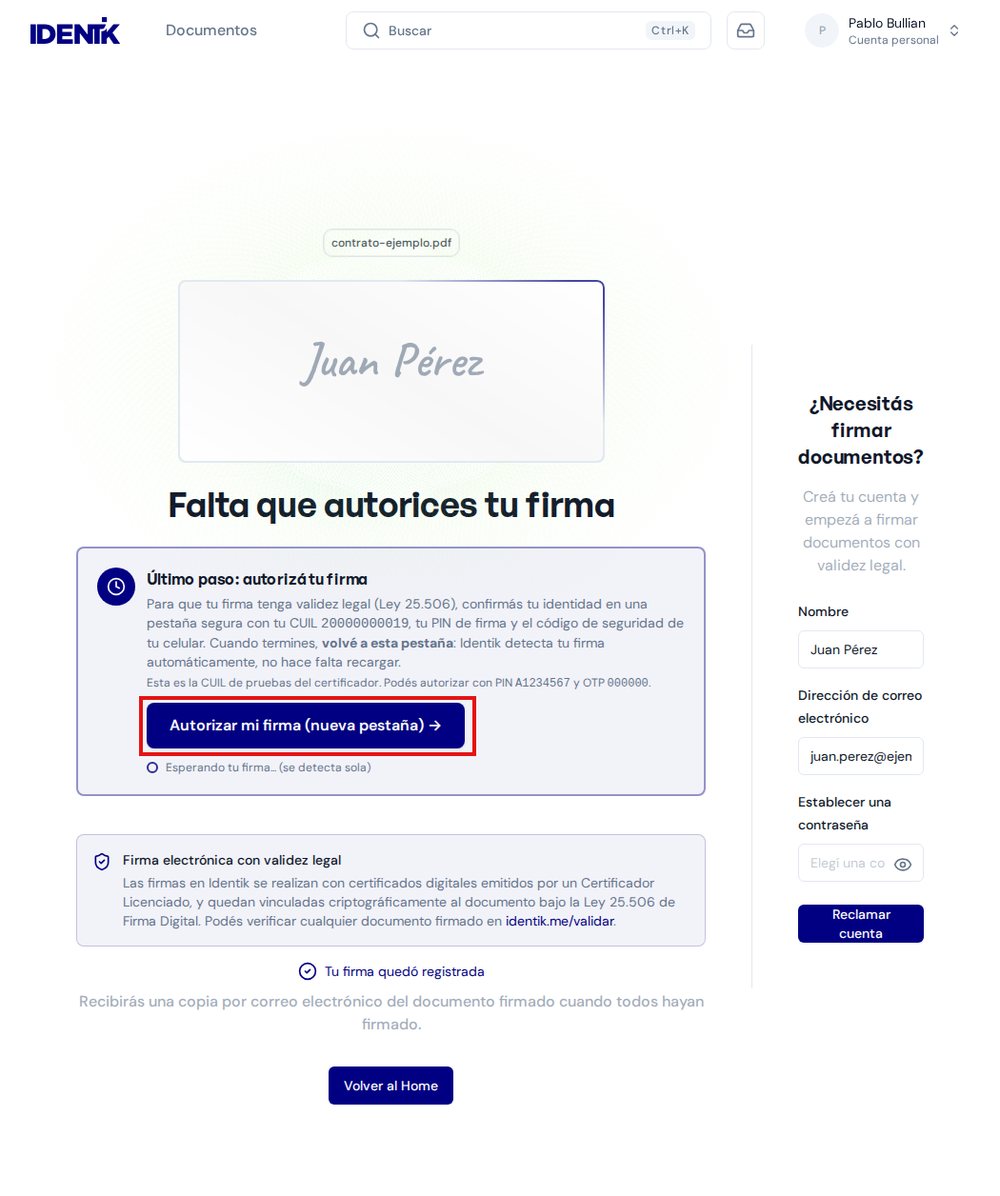 Pantalla del firmante con el bot&oacute;n Autorizar mi firma en nueva pesta&ntilde;a marcado