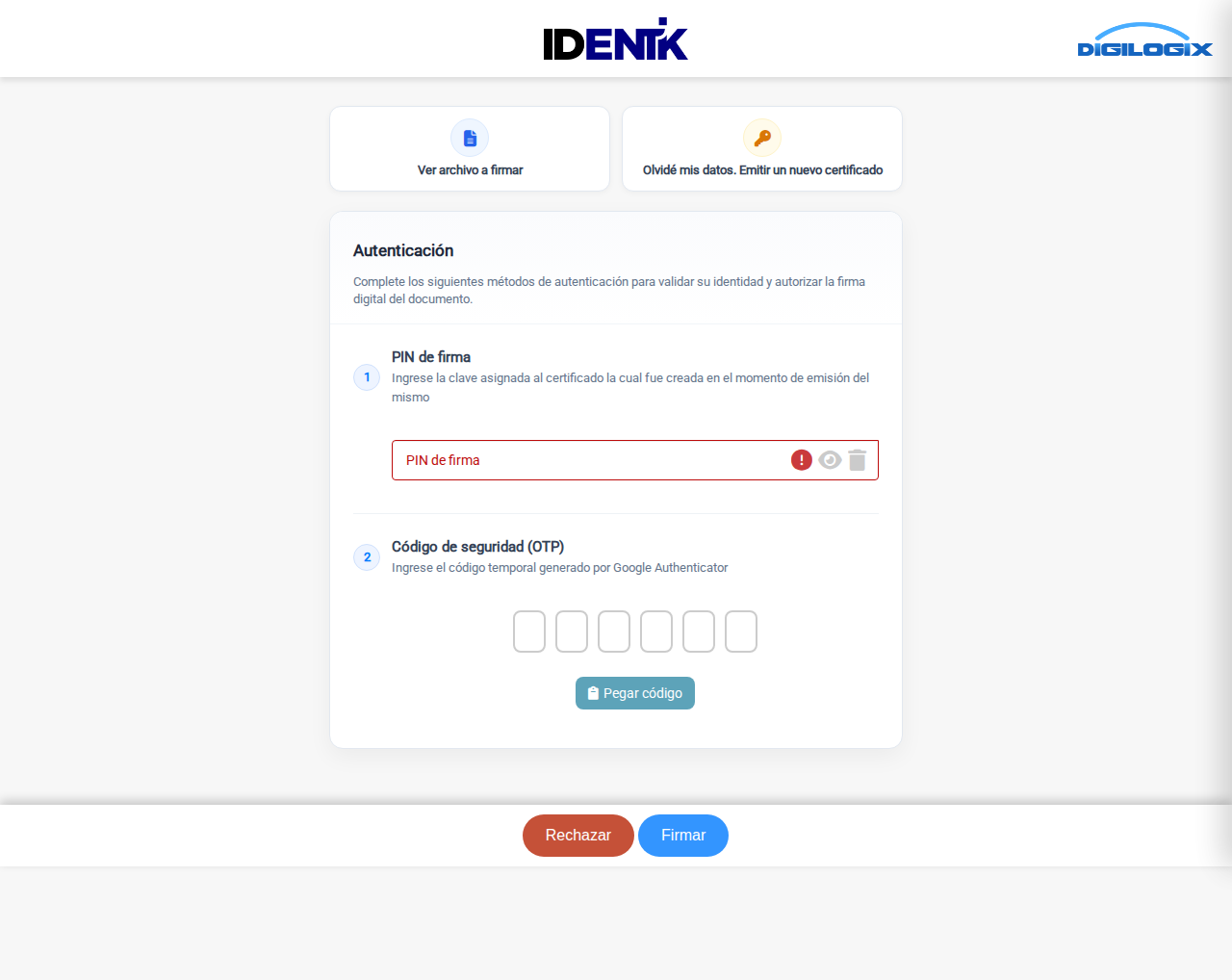 Autorización en Digilogix: PIN de firma, código de Google Authenticator y Firmar