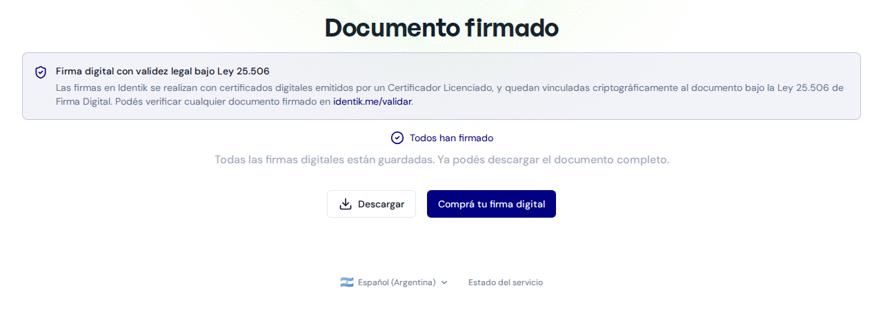 Documento firmado, Todos han firmado y Descargar