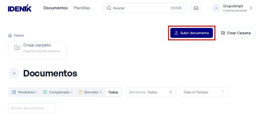 Documentos con el bot&oacute;n Subir documento marcado