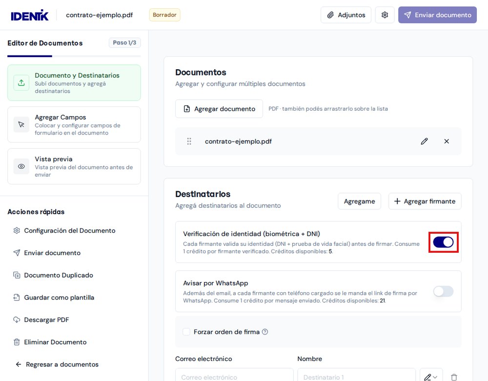 Toggle de verificaci&oacute;n biom&eacute;trica marcado
