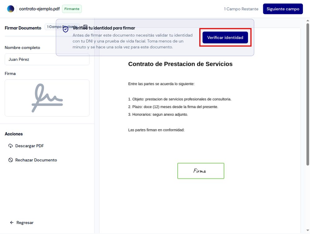 Vista del firmante con el bot&oacute;n Verificar identidad marcado