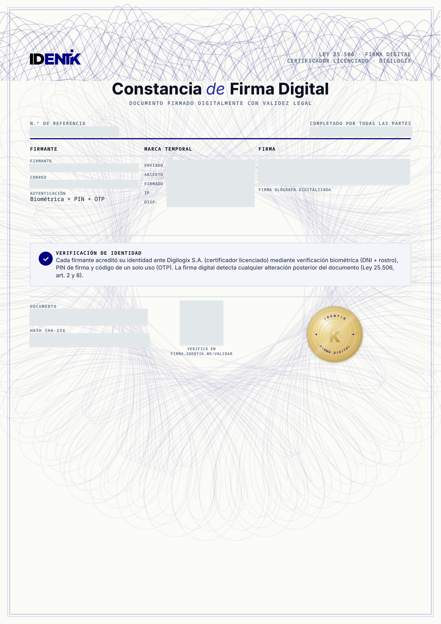 Constancia real de Firma Digital con datos personales, firma, identificadores y QR ocultos