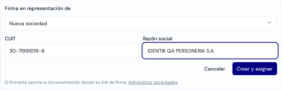 Formulario de nueva sociedad con CUIT y razón social en campos separados.