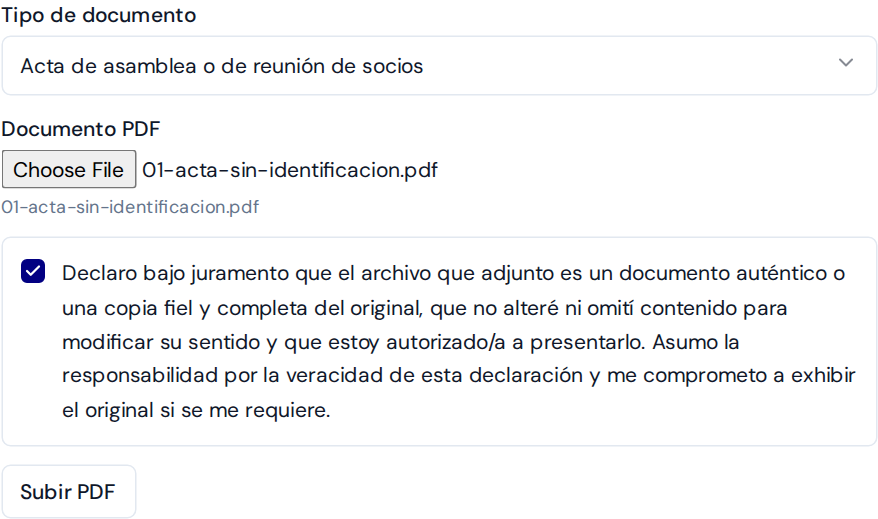 Carga opcional del emisor: documentación societaria y declaración de autenticidad del archivo.