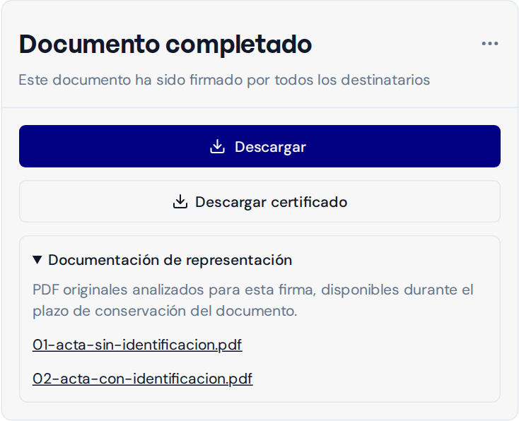 Descargas del firmado, la constancia y los PDF usados para acreditar la representación.