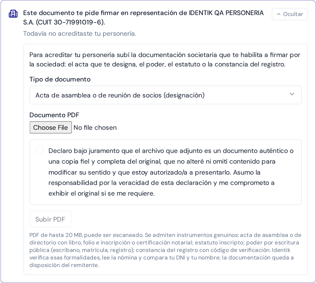 El enlace identifica la sociedad en cuyo nombre se solicita la firma.