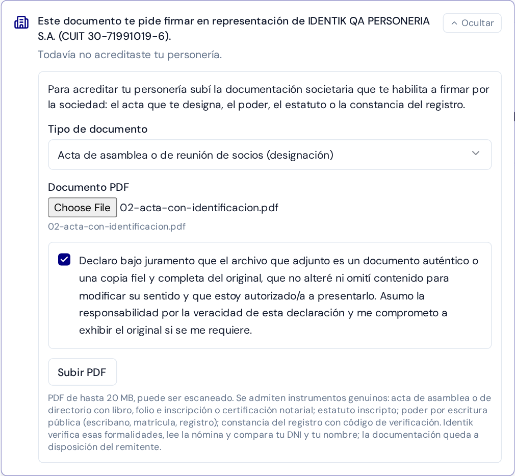 Formulario de carga del firmante con tipo de documento y declaración por archivo.
