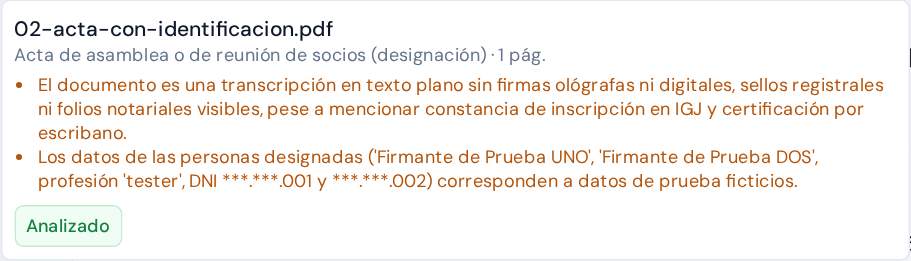 Documento analizado y observaciones que debe revisar el firmante.