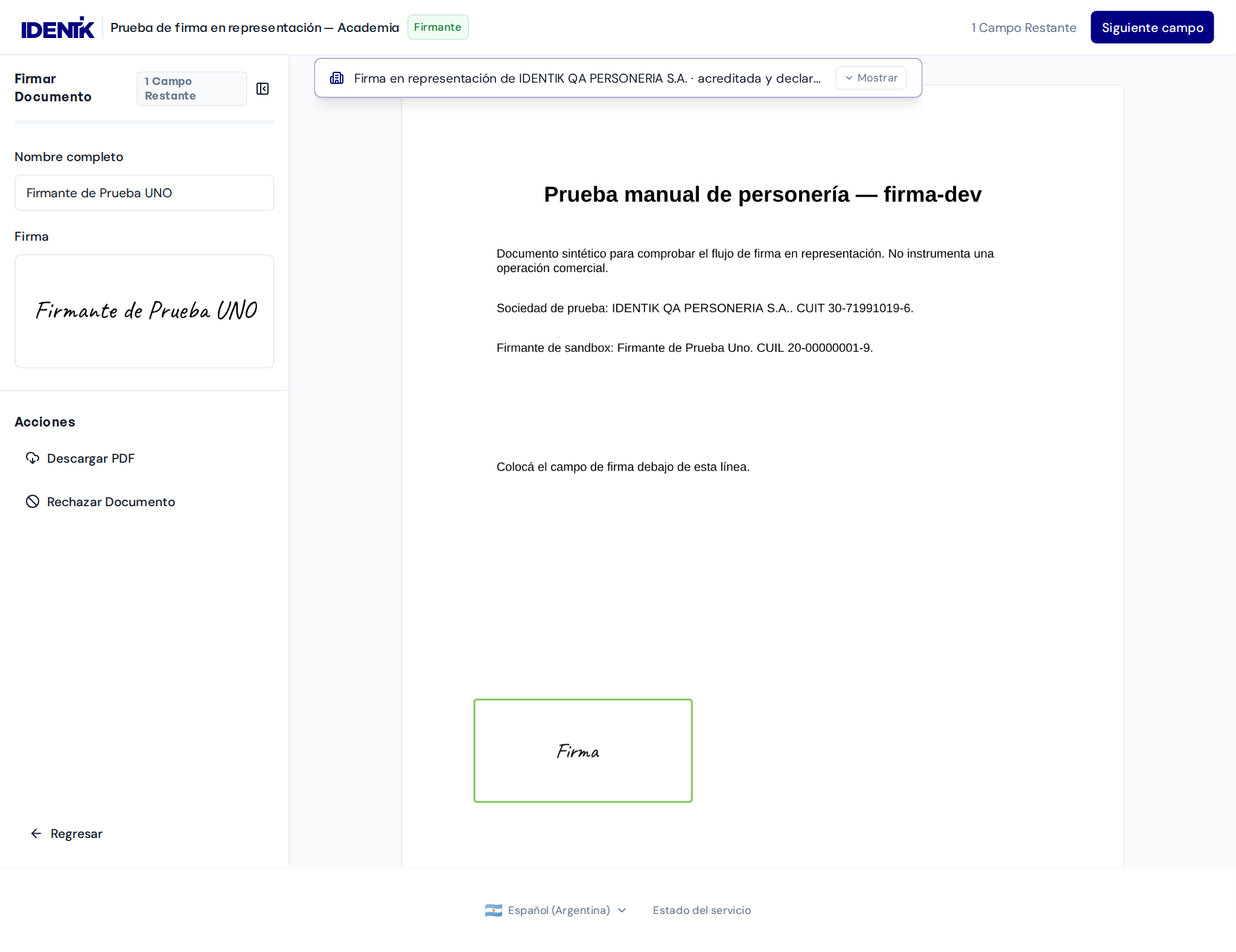Documento y campos asignados al representante.