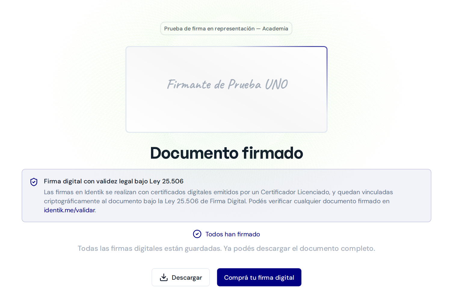 Confirmación del documento completado y sus descargas.