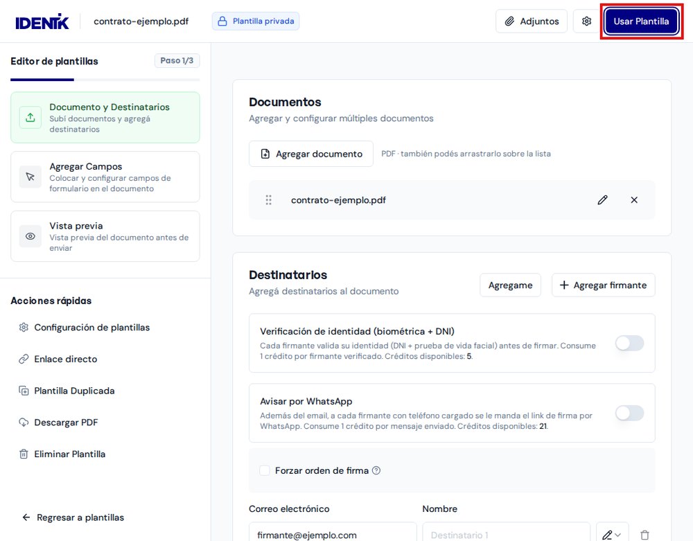 Editor de plantillas con el bot&oacute;n Usar Plantilla marcado