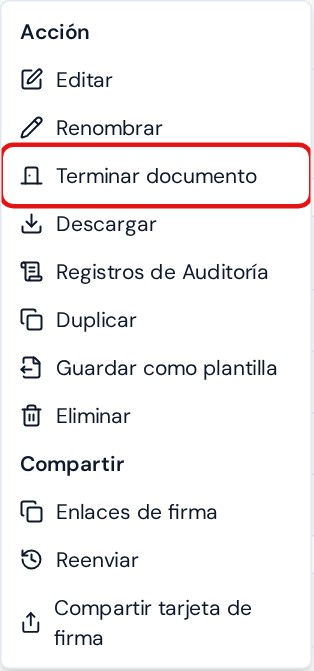Menú con Terminar documento y su icono de puerta
