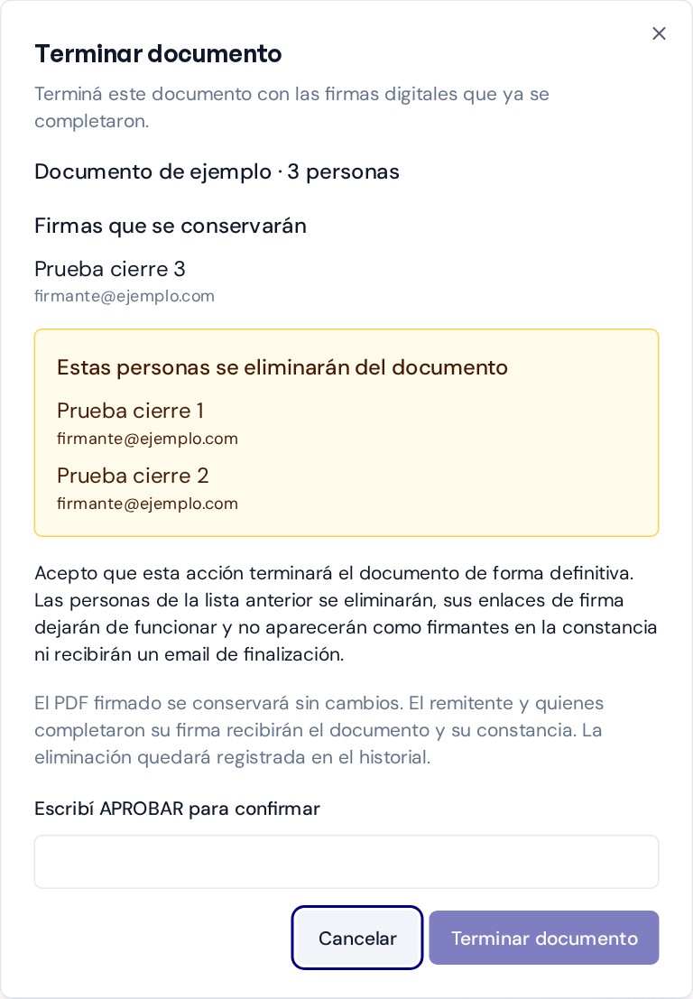 Confirmación con una firma conservada y dos personas que se retirarán