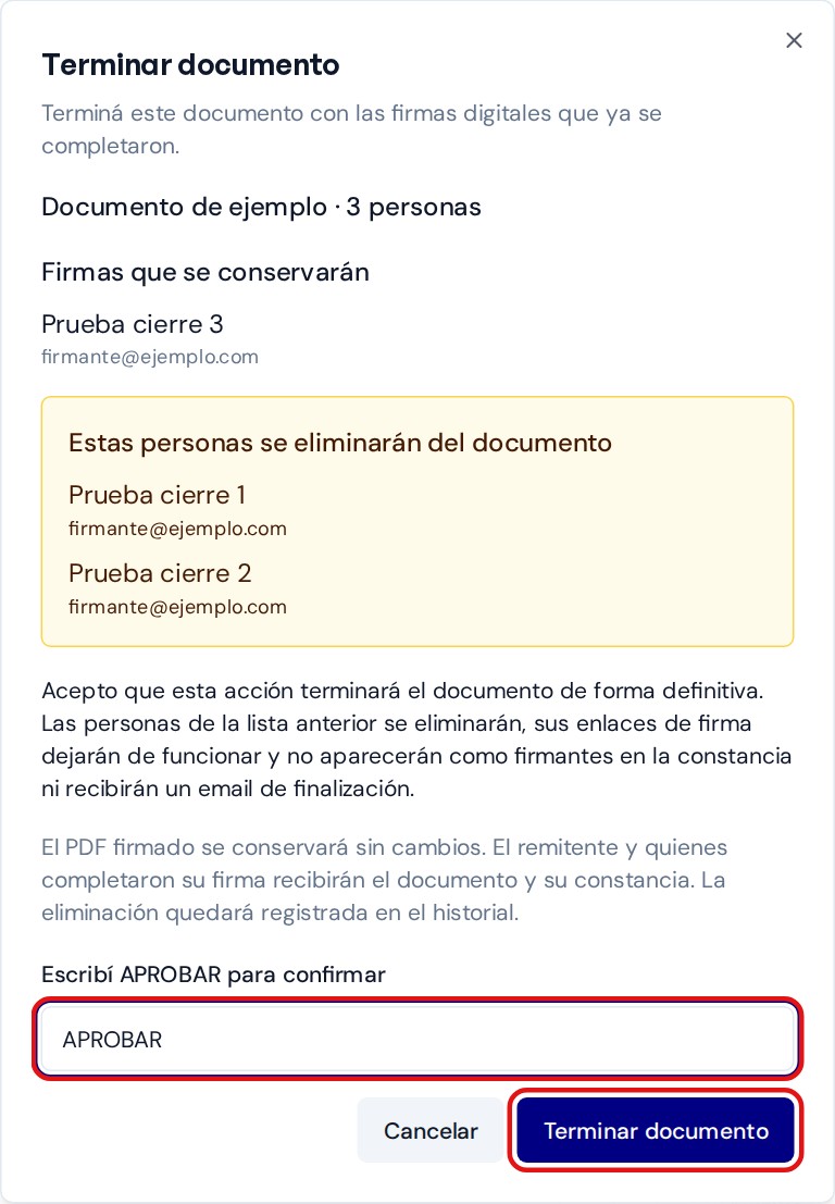 Consentimiento escrito APROBAR y botón Terminar documento habilitado
