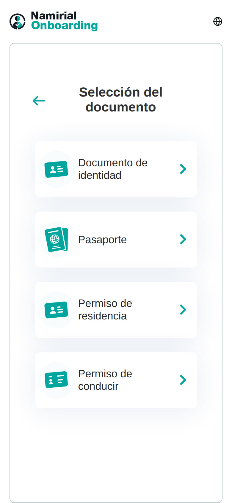 Selección del documento: Documento de identidad, Pasaporte, Permiso de residencia y Permiso de conducir