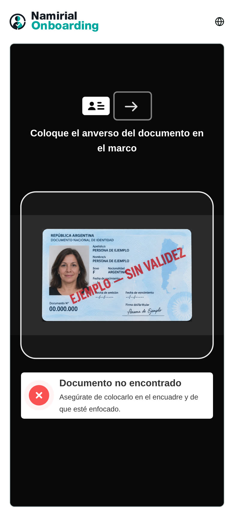 Aviso Documento no encontrado debajo del marco de la cámara, con un DNI ficticio