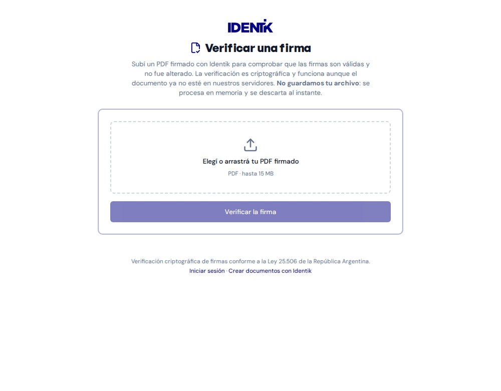P&aacute;gina de verificaci&oacute;n de Identik con el &aacute;rea para subir el PDF firmado