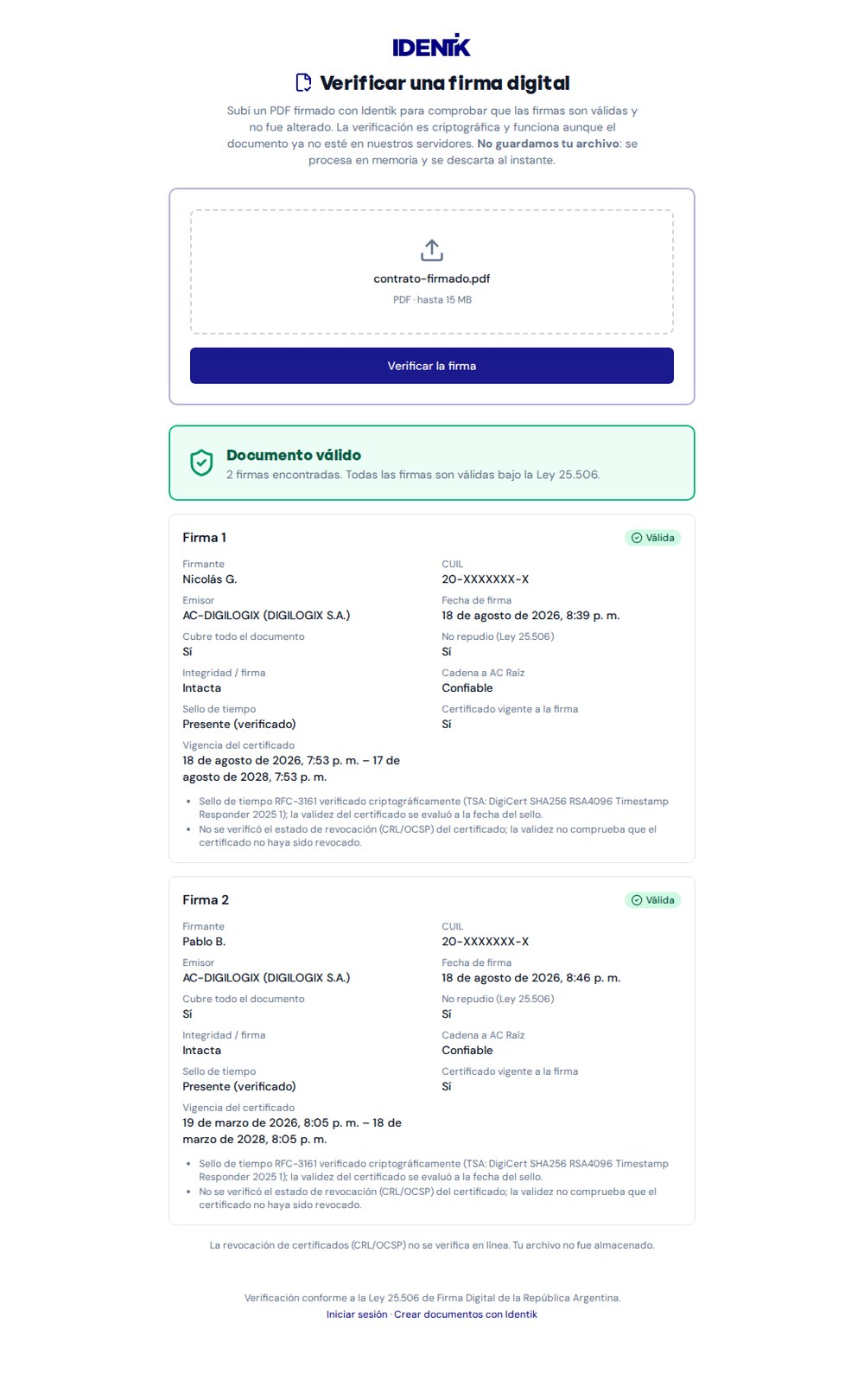 Resultado de verificaci&oacute;n: documento v&aacute;lido con dos firmas digitales v&aacute;lidas