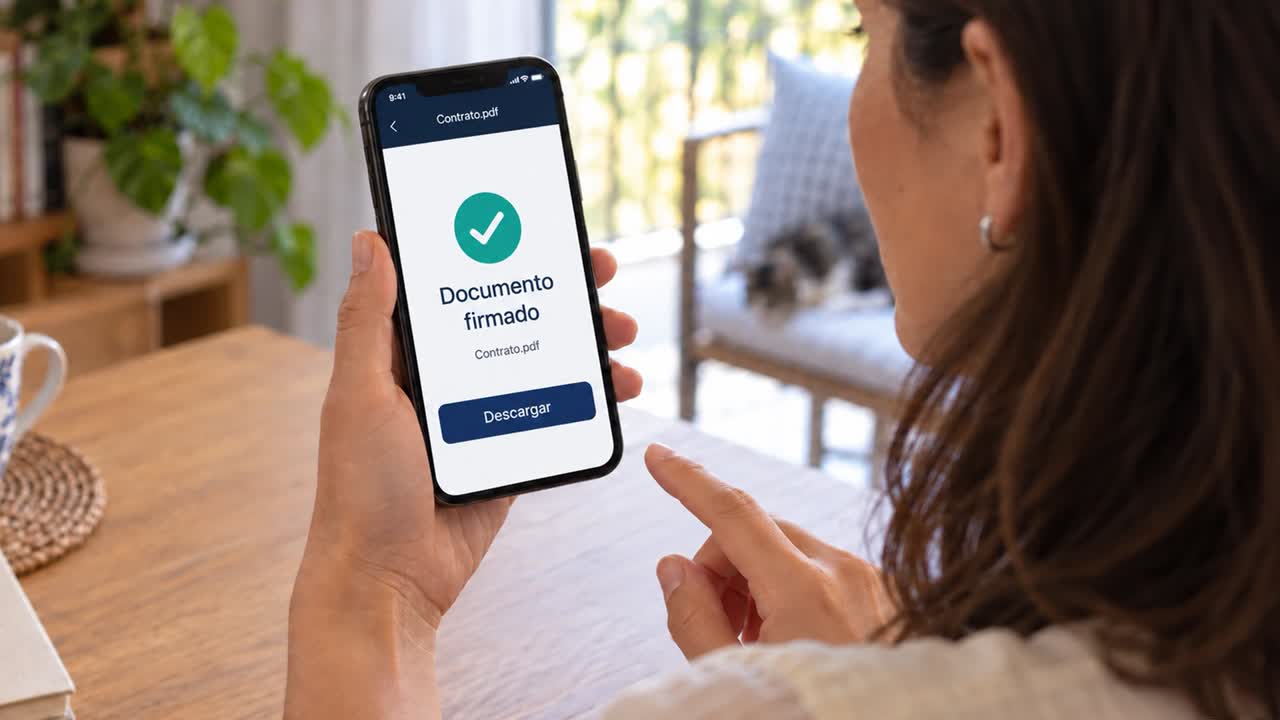 Una clienta verifica su identidad y firma un contrato desde casa con el celular; la financiera consulta las evidencias de una notificación certificada.