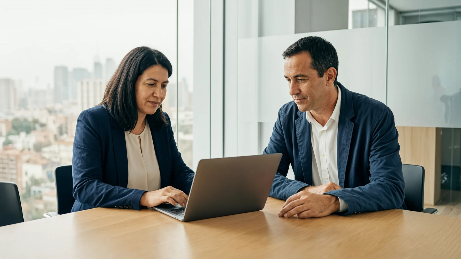 Dos representantes de empresas revisan documentación en una computadora.