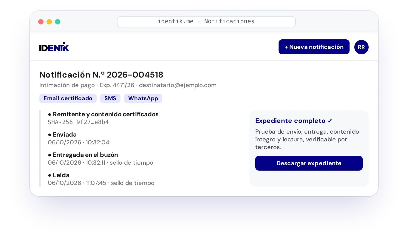 Notificación certificada con evidencia de envío, entrega y lectura