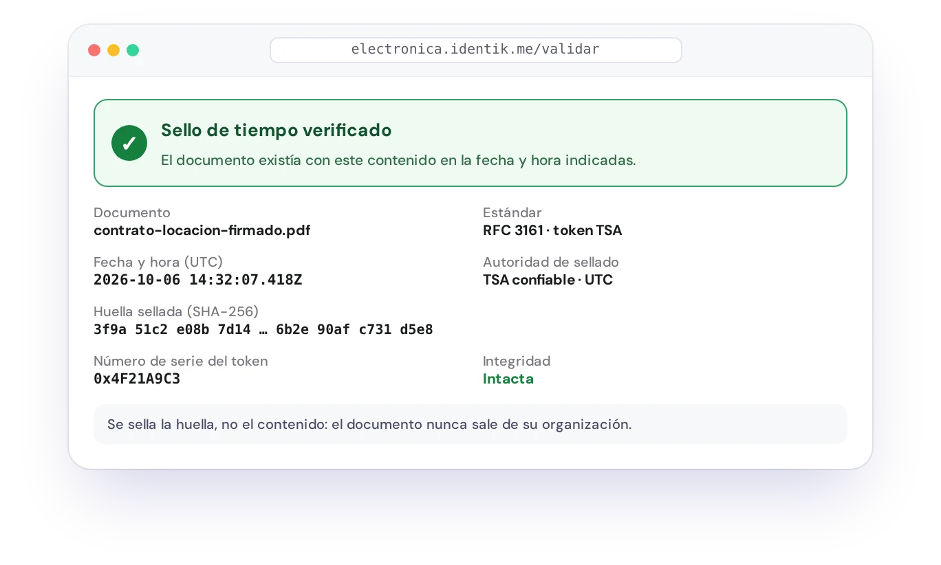 Verificación de un sello de tiempo RFC 3161 con huella y fecha certificada