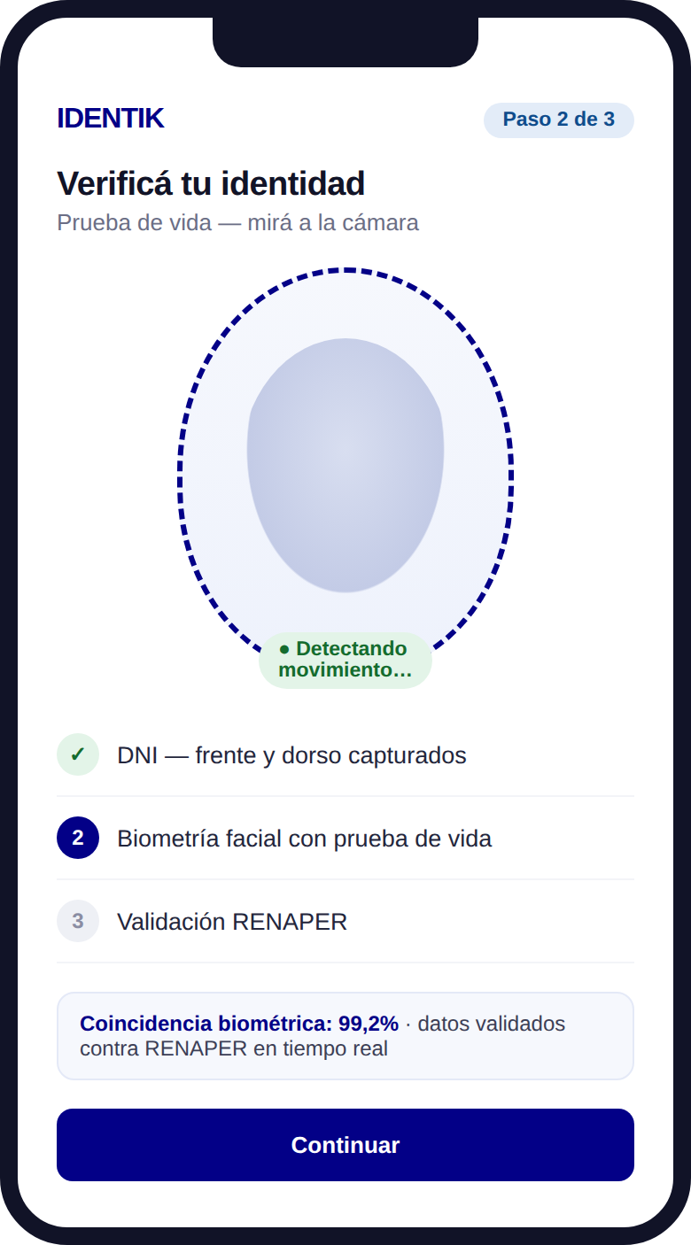 Onboarding móvil de Identik: verificación de identidad con biometría y RENAPER