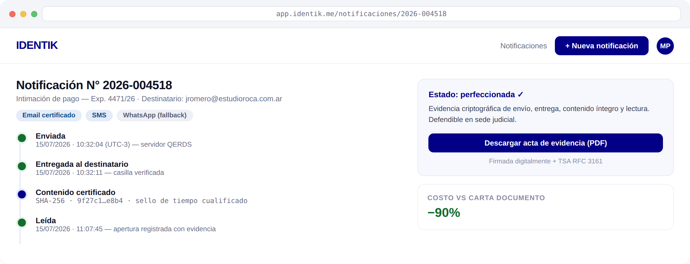 Notificación electrónica certificada de Identik con línea de tiempo de evidencia